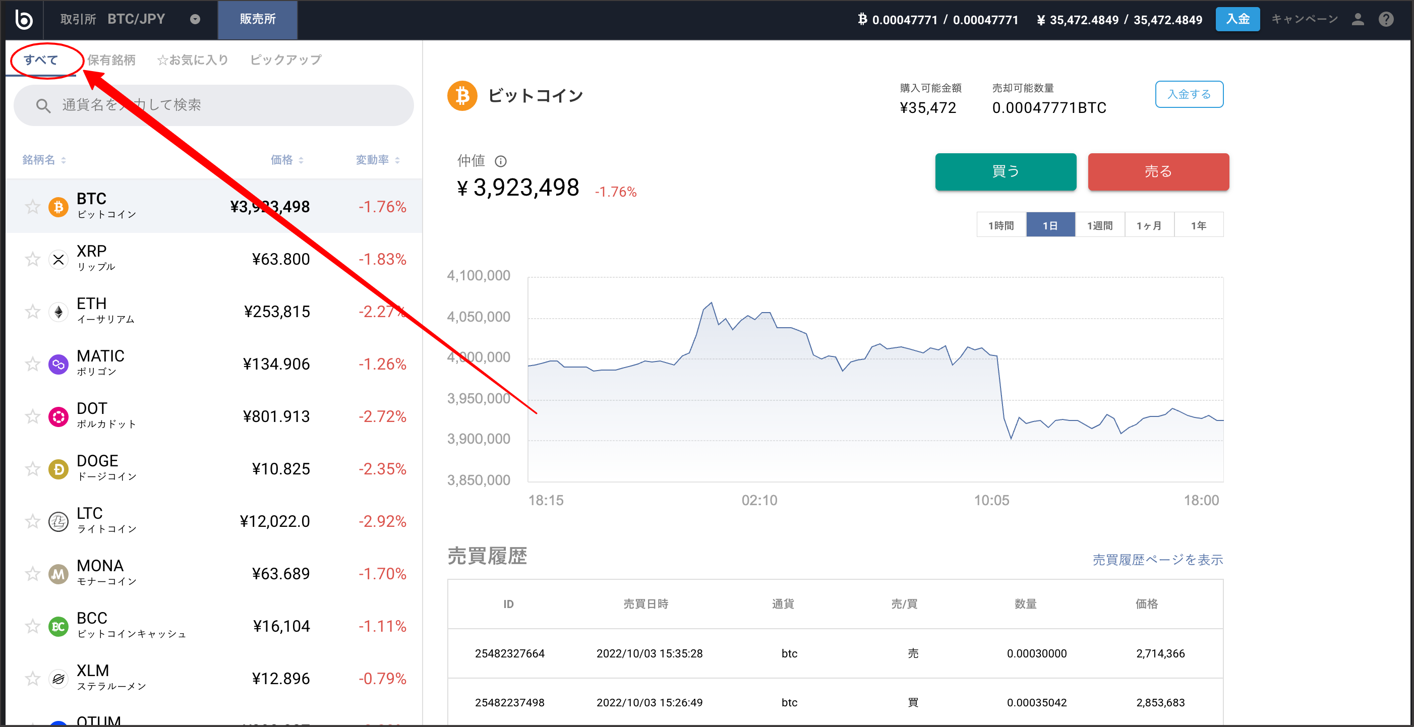 販売所画面の上の「すべて」をクリックしますと、すべての通貨ペアの切り替えが可能です