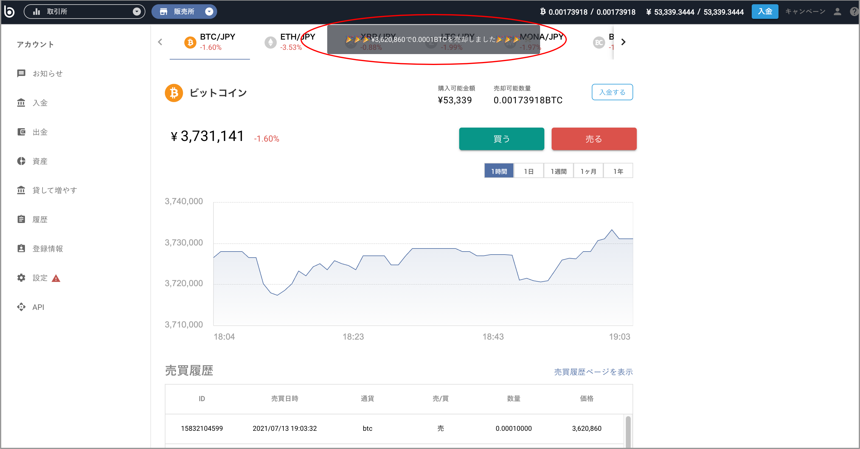 画面上部に「売却しました」と表示されたら売却完了です