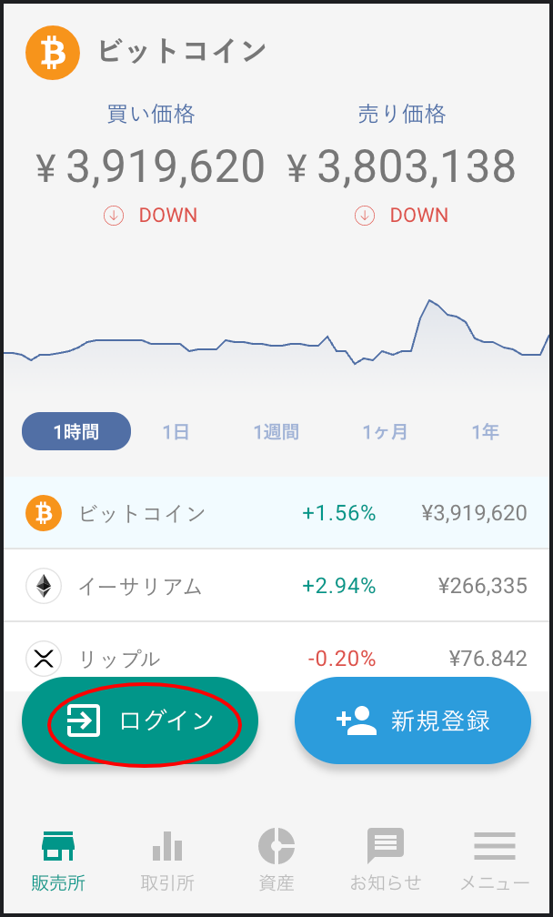 bitbankアプリを開きログインをタップします
