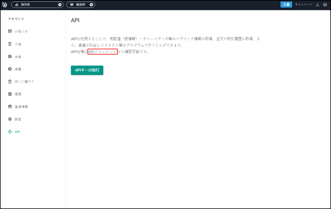 「APIドキュメント」をタップします